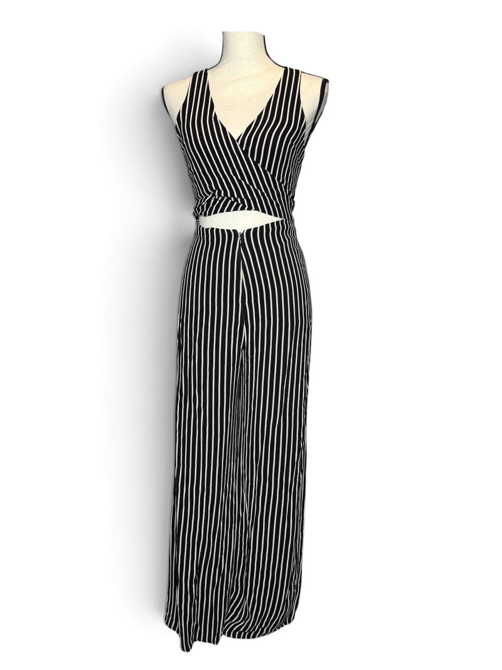 Reformation Patti Jumpsuit Lansky Vertical Stripe Black White Wrap V Neck 2